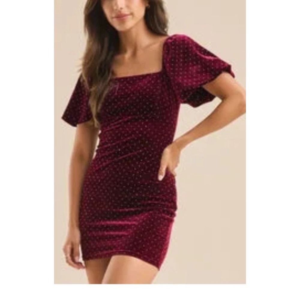 Altar'd State Mini Dress Crimson Velvet Puff Sleeve Holiday Sparkle Gothic S